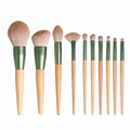 Professionele 10-delige make-up borstelset met massief houten handvaten en groene hulzen - 10-delige Borstelset (Natuurlijke Houtkleur)
