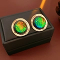 Detail of vintage-style round resin earrings with colorful stones on black leather - 45# Silver Earring Post - Gold - Green