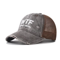 Close-up of vintage washed mesh baseball cap with WTF and Where's the Fish print - Coffee