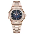 Luxury men's quartz watch in rose gold with a blue dial and stone-set bezel - Rose Gold Case Blue Dial Steel Strap