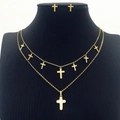 Golden titanium steel jewelry set featuring a double-layer cross necklace and matching studs - Double Layer Cross Style (KS201155-MW)