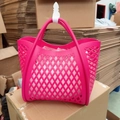 Pink hollow mesh silicone jelly bag for beach and shopping with dual handles - Rose Red
