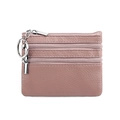Three-layer genuine leather coin purse in dusty rose pink with premium silver zippers - Dusty Pink