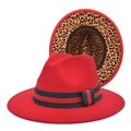 Cappello Fedora rosso stile inglese con tesa leopardata e nastro a righe - M (56-58cm) / Rosso