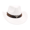 White faux suede western cowboy hat with black leather band and silver bull head buckle - White