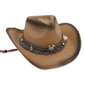 Detail of western straw cowboy hat with colorful beads, turquoise, and ethnic tassels - Khaki Black (Ethnic Style)
