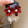 Elegant silver earrings featuring red floral motifs and cascading pearl tassels on a card - Silver-Red Pearl Tassel (31# Silver Earring Post)