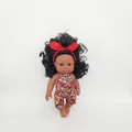 Deep skin tone baby doll with black curly hair and red floral jumpsuit outfit - 18CM Girl Doll Style 2