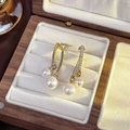 Vintage long pearl earrings in golden metal finish with sparkling crystal accents - 28# Diamond-set Tassel Pearl Earrings