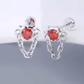 316L stainless steel heart-shaped ruby stud earrings with silver chain tassel details - 0.8mm Gauge x 6mm Length / Silver Cat Ear Tassel (Style 12)
