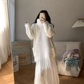Cream white thick fringe scarf paired with a matching knit cardigan for winter warmth - New White
