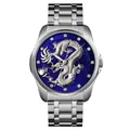 Silver stainless steel business watch with blue dragon relief dial and crystal indices - Silver Blue Dial