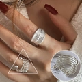 Minimalist silver cross ring set featuring wide textured band and multilayer chain style - Wheat Ear Texture/Multi-layer Chain