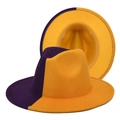 Detail view of the purple and yellow two-tone gradient fedora with flat wide brim - M (56-58cm) / Purple+Yellow