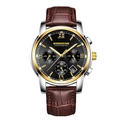 KINGNUOS men's silver steel watch with black dial and brown crocodile leather strap - Brown Leather Strap Gold Case Black Dial