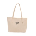 Borsa tote minimalista in pelle PU beige con dettaglio farfalla argento su bianco - Bianco