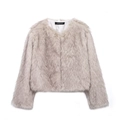 Short grey faux fur jacket with round neck and long sleeves on a white background - XS / Khaki