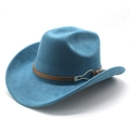 Detail of blue suede cowboy hat featuring dark brown leather band and silver buckle - M(56-59CM) / Teal