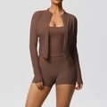 Three-piece brown yoga set featuring zip jacket, camisole top and high waist shorts - S / Chestnut Brown
