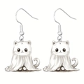Detail view of cute acrylic Halloween ghost cat earrings with polished metal hooks - Ghost Cat