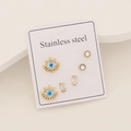 Detail view of gold stainless steel stud earring set with blue evil eye and zircons - Eye & Square Zircon Style (4#)