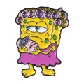 Cartoon sponge badge pin in pink dress with purple hair rollers on white background - SpongeBob In Dress Style (xz2015)