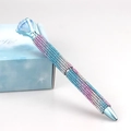 Close-up of a gradient rhinestone ballpoint pen with a large diamond top and a gift box - Blue Stripe