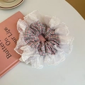 Pink and green plaid fabric scrunchie with white lace trim and ruffled edge - Pink Green Small Plaid Lace (28#)
