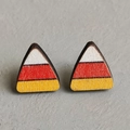 Detailed close-up of wooden candy corn stud earrings with natural wood grain texture - Candy Corn