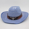 Blue and white striped woven cowboy hat with leather band and metal bull head ornament - One Size(56-58cm) / Blue White Striped (Bull Head + Rope)