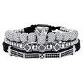Men's silver crown and zircon beaded bracelet set with black braided leather cords - Silver Crown 3-Piece Set