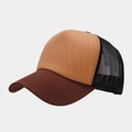 Detail view of a vintage trucker hat with brown brim and breathable black mesh panel - Camel with Brown Brim / Adjustable