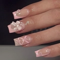 Roze French persnagels met 3D-strikjes en bloemaccenten op vierkante tips - Roze 3D-Strik Franse Stijl (JP4322)
