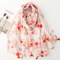 Elegant white shawl scarf with red ginkgo leaves, orange tassels and lightweight fabric - Beige Red & Purple Ginkgo Leaf (SL2408-013)