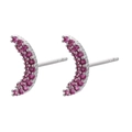 Macro view of crescent moon stud earrings with micro-paved pink cubic zirconia - White Gold Red Zircon Moon