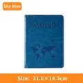 Sky blue PU leather passport holder featuring an embossed world map and airplane design - Passport Cover / Sky Blue