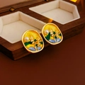 Vintage gold oval earrings with oil painting enamel detail and white pearl accents - Yellow Enamel Wheat Pearl Studs