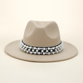 Vintage khaki wool felt fedora for women featuring a black ribbon with pearl accents - M (56-58cm) / Apricot