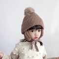 Brown knit winter hat for children with large pompom and earflaps for warm protection - One Size(Elastic) / Khaki