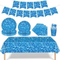 Detailed set of ocean wave party supplies including banners, plates, and blue tableware - Ocean Wave Party Set(Tablecloth,Plates,Cups,Napkins,Cutlery,Banner)