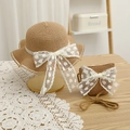 Sweet straw hat and handbag set with polka dot lace bows for women and girls - 52cm 3-6 Years / Set - Khaki