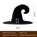 Dettaglio cappello da strega in velluto con fibbia di strass argento e punta ricurva - Nastro Nero