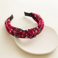 Detail of red and green plaid headband with white snowflake embroidery and twist knot - Twisted Knot / Red Green Yellow Plaid (Snowflake)