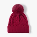 Winter wine red cable knit beanie with large faux fur pom-pom and ribbed cuff - Wine Red(24B082)