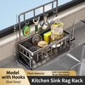 Gunmetal grey kitchen sink caddy with 4 hooks and drainage basket for sponges - Carbon Steel / Flagship Anti-slip High With Hook / Gunmetal