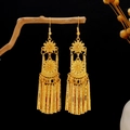 Ethnic bohemian gold drop earrings featuring floral relief and metallic tassel fringes - E4565-2 Sun Pattern Double Layer Vertical Tassel