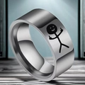 Polierter silberner Titanstahlring mit einem schrägen schwarzen Streichholzmännchen - US 13 / Silber Lustiges Strichmännchen Stil