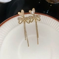Gold bow heart fringe tassel earrings with white shell inlay for women's jewelry - 64# Silver Earring Post - Gold - Bow Tassel - Real Gold Plating