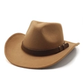 Chapeau fedora en feutre de laine camel à bord large avec ruban en cuir marron élégant - M (56-58cm) / Café Clair