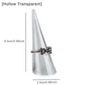 Clear acrylic cone jewelry stand displaying a vintage silver bow ring with measurements - Hollow Style / Clear